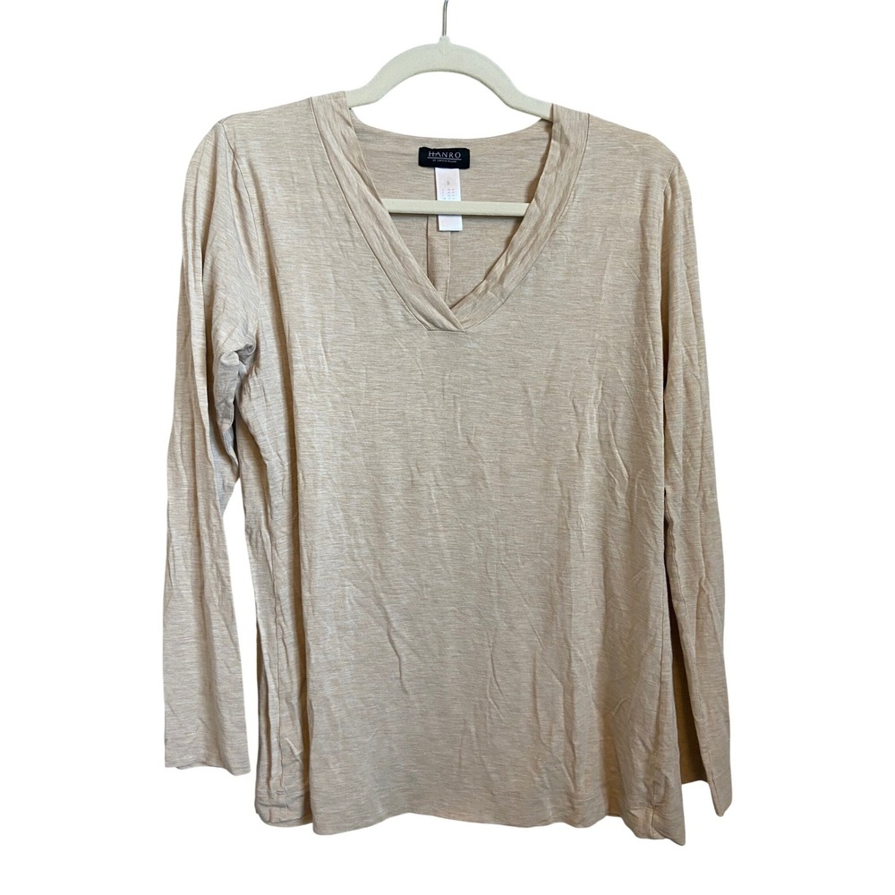 Hanro Switzerland Beige Heather V-Neck Long Sleeve Top Back Pleat Viscose Small